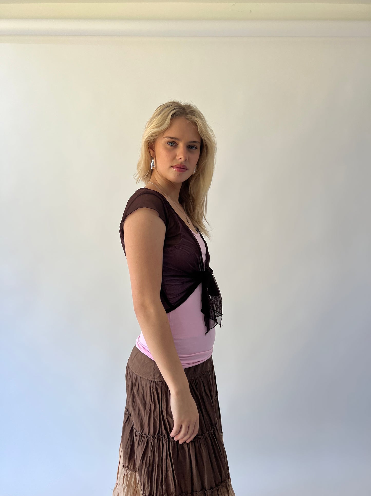 xl brown sheer tie-front shrug side view
