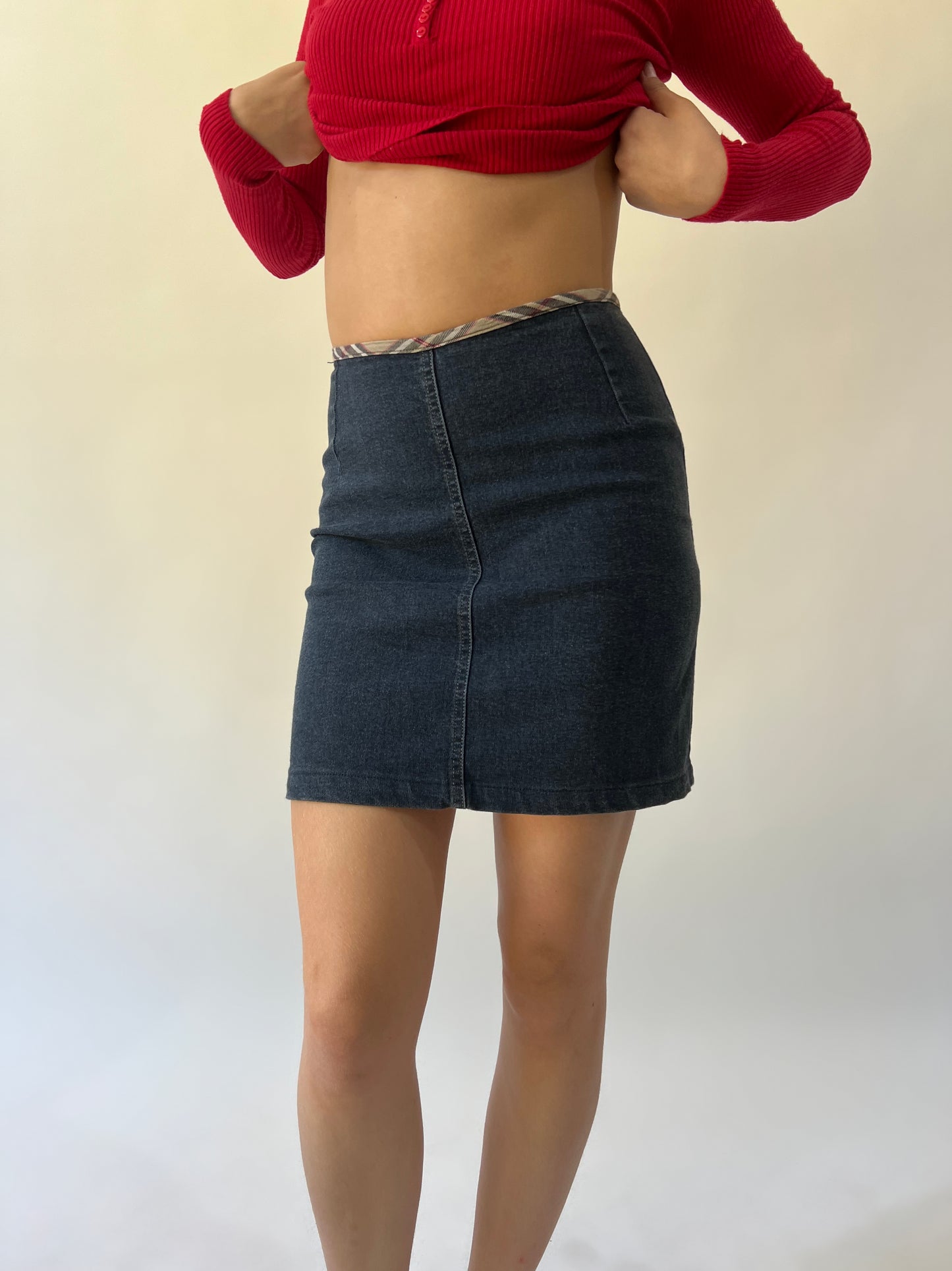xs blue more & more denim mini skirt front view