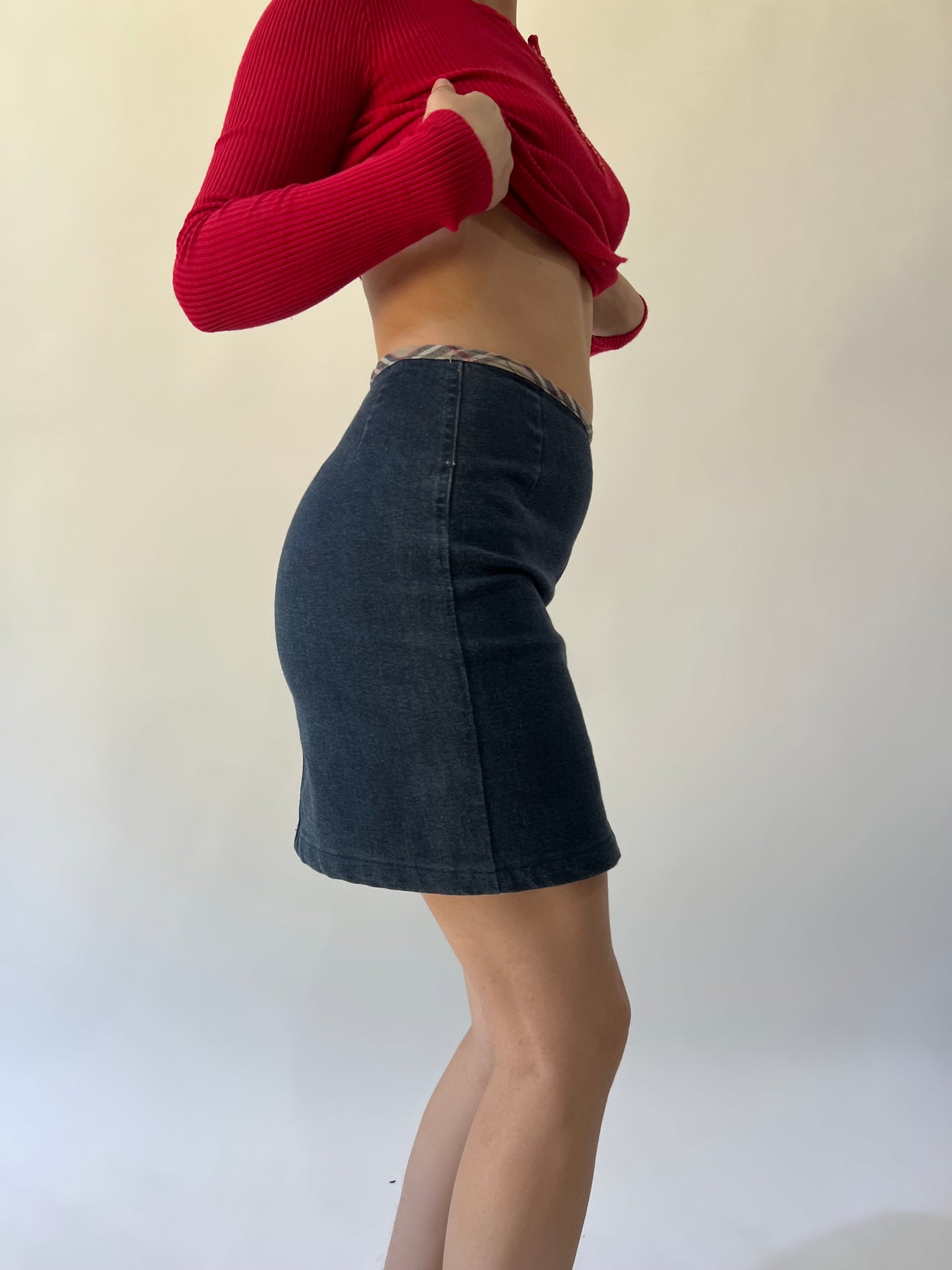 xs blue more & more denim mini skirt second side view