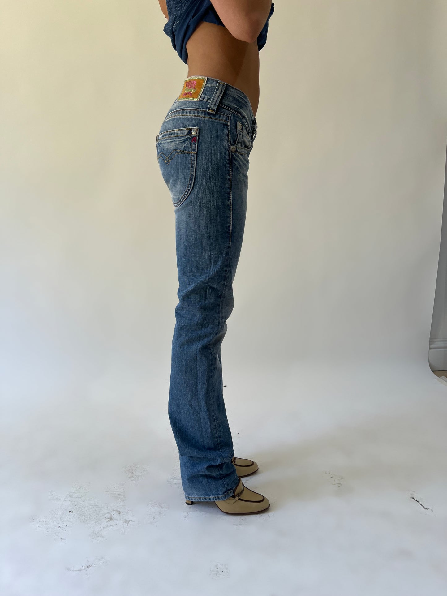 xs blue replay low-rise bootcut jeans side view