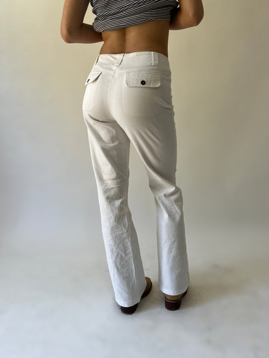 xs white pinstripe flared trousers back view