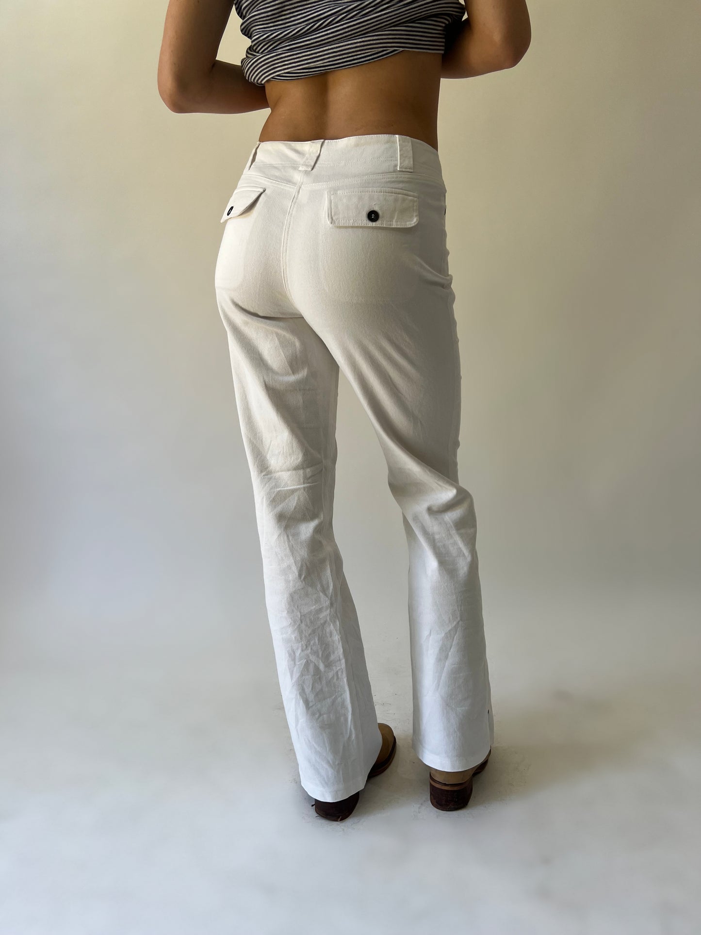xs white pinstripe flared trousers back view