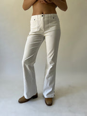 xs white pinstripe flared trousers front view