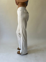xs white pinstripe flared trousers side view
