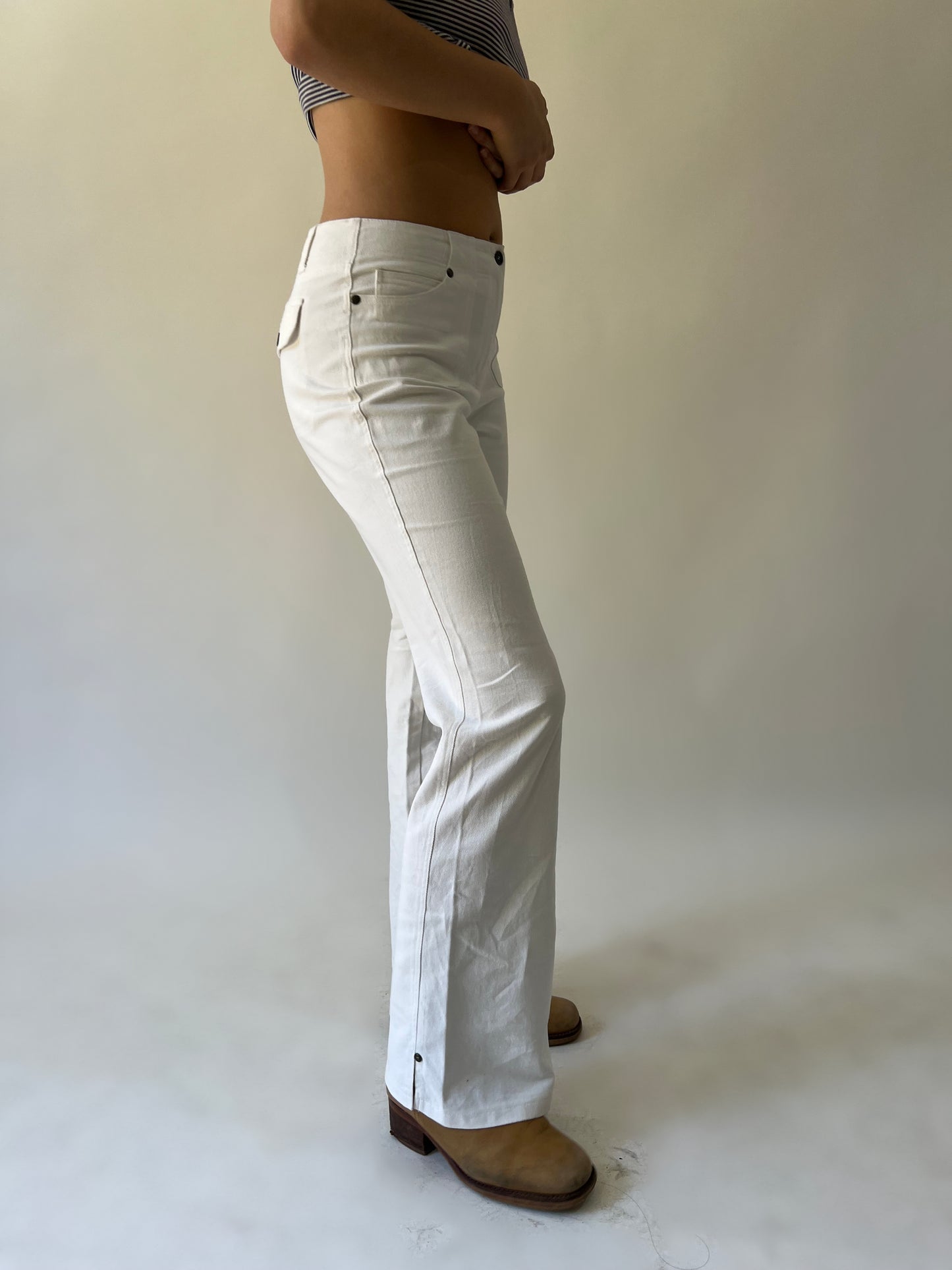 xs white pinstripe flared trousers angled view