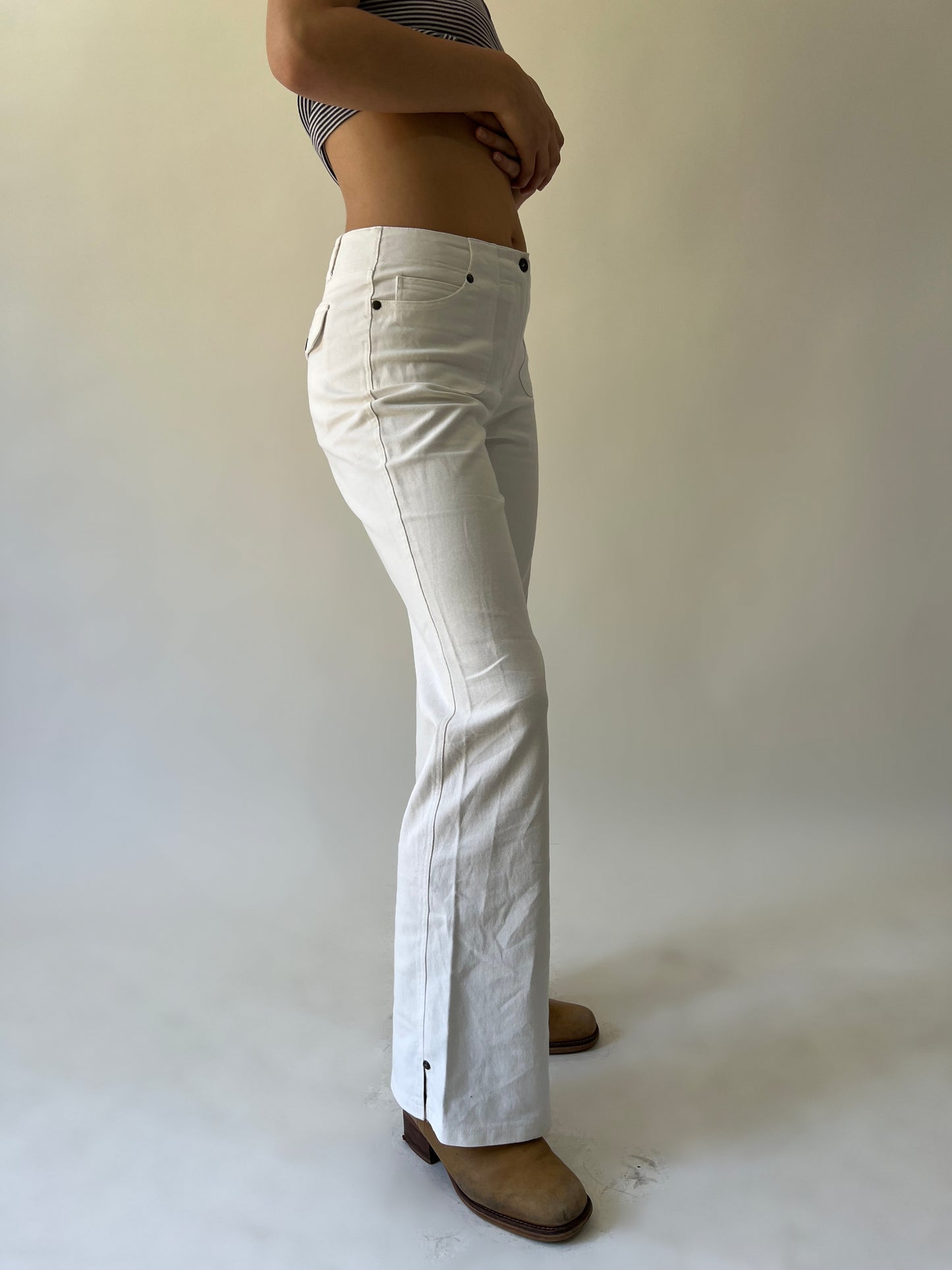 xs white pinstripe flared trousers alternate side view