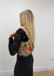 beige suede shoulder bag with fur trim and neon pink details 5