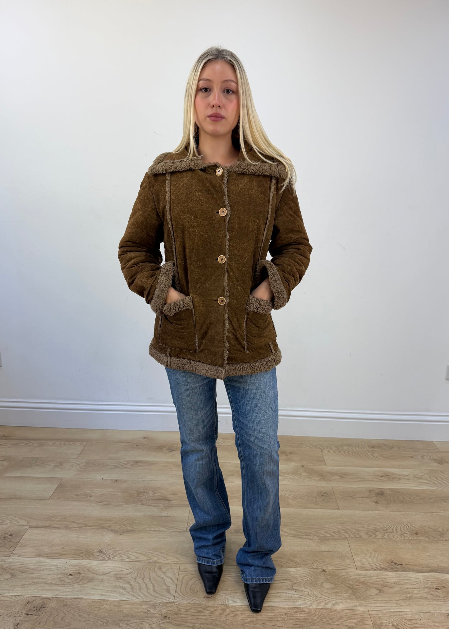 medium tan suede jacket with faux fur detail 1