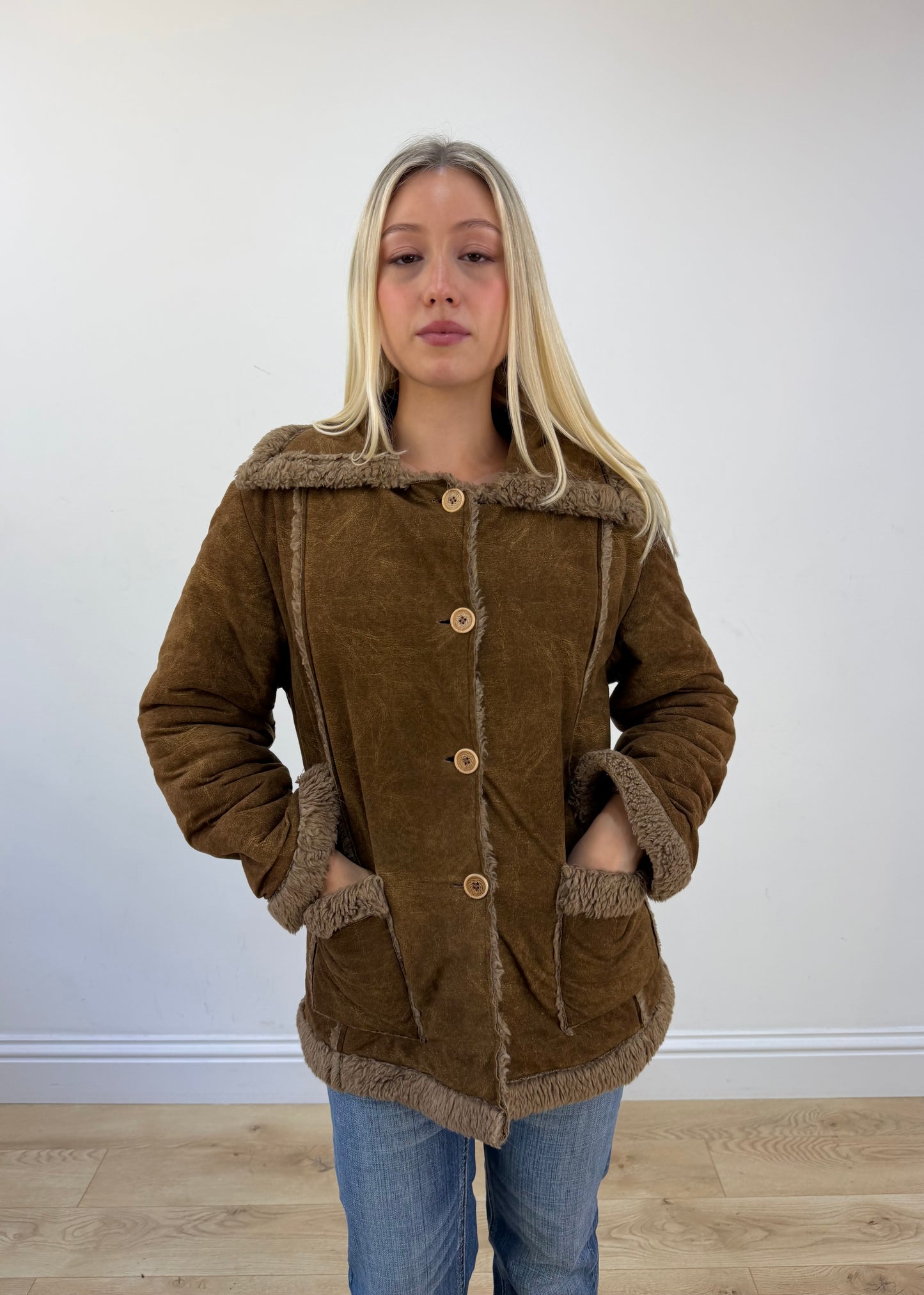 medium tan suede jacket with faux fur detail 2