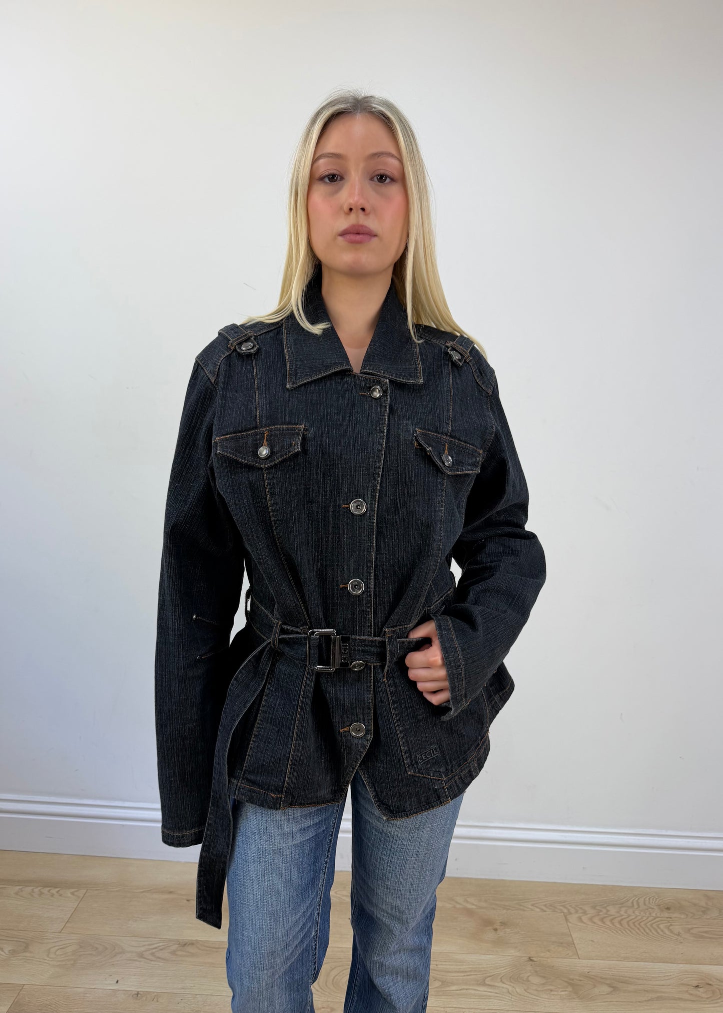 medium navy blue denim jacket with belt 2