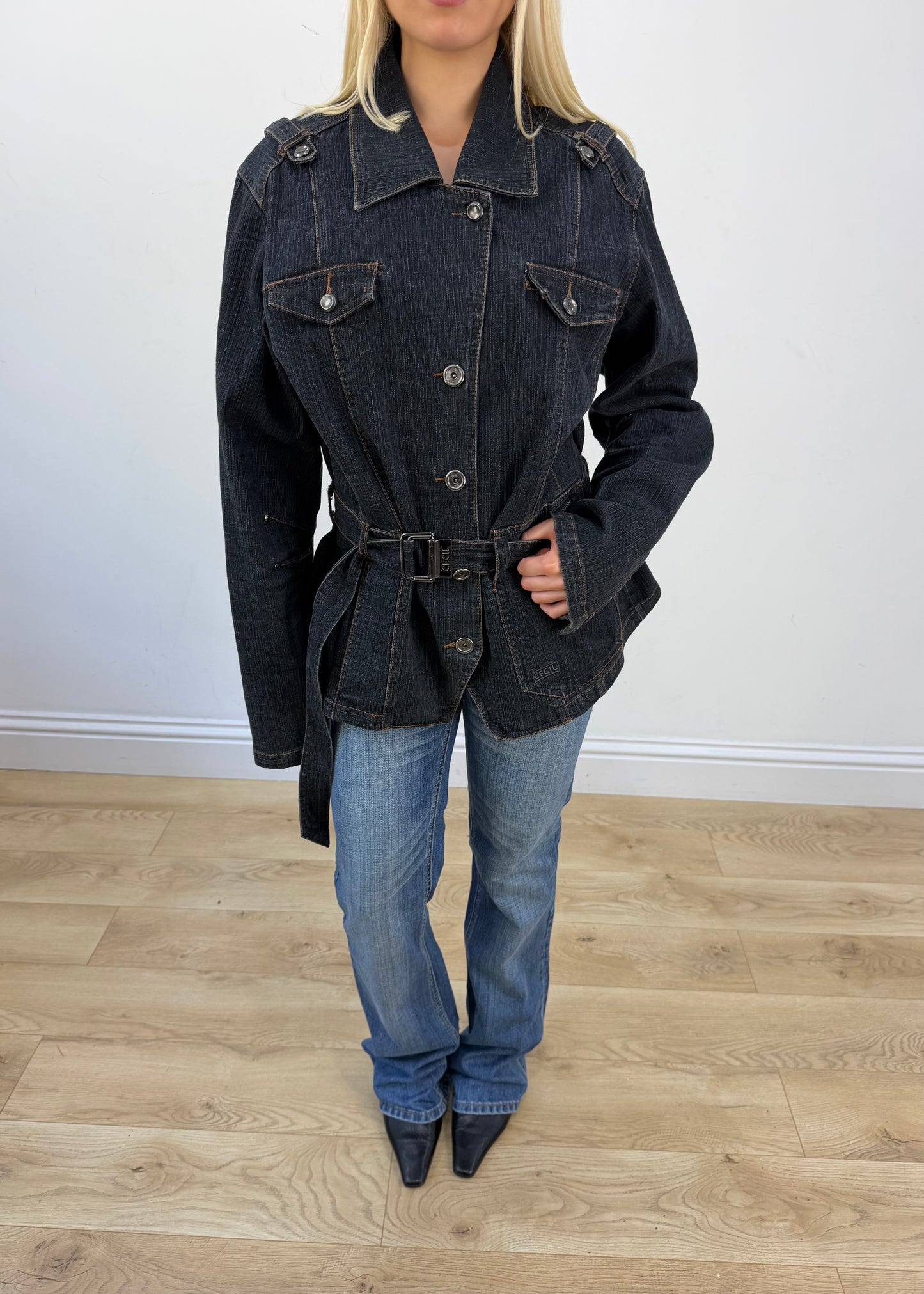 medium navy blue denim jacket with belt 3
