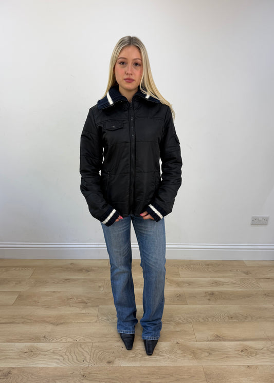 small black puffer jacket with knit ribbed collar 1