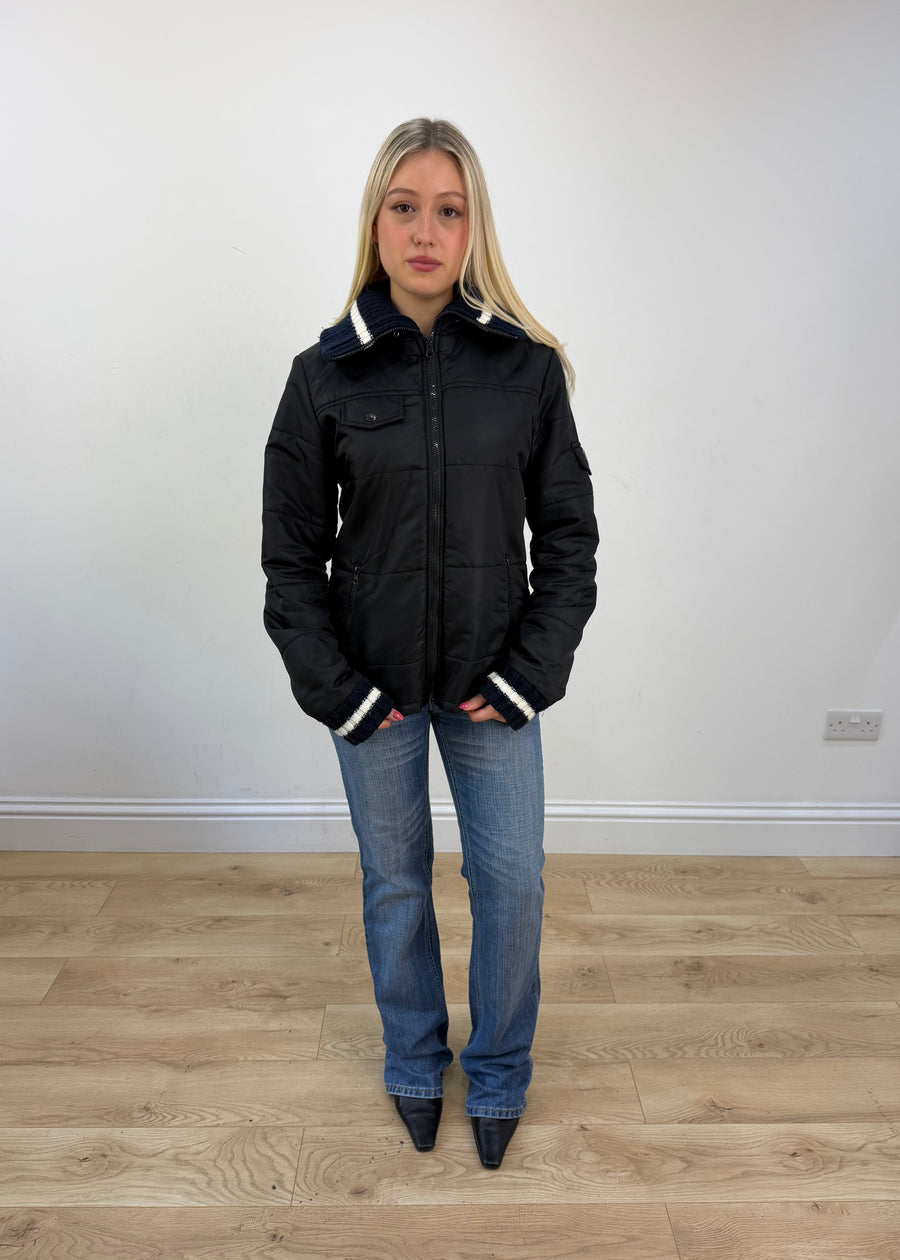 small black puffer jacket with knit ribbed collar 1