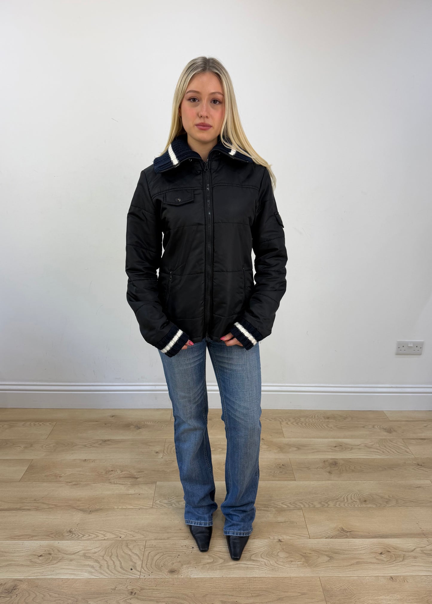 small black puffer jacket with knit ribbed collar 1