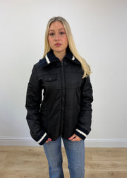 small black puffer jacket with knit ribbed collar 2