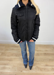 small black puffer jacket with knit ribbed collar 3