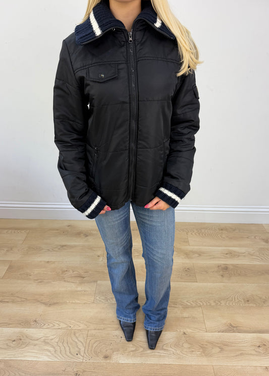 small black puffer jacket with knit ribbed collar 3