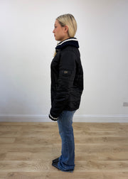 small black puffer jacket with knit ribbed collar 4