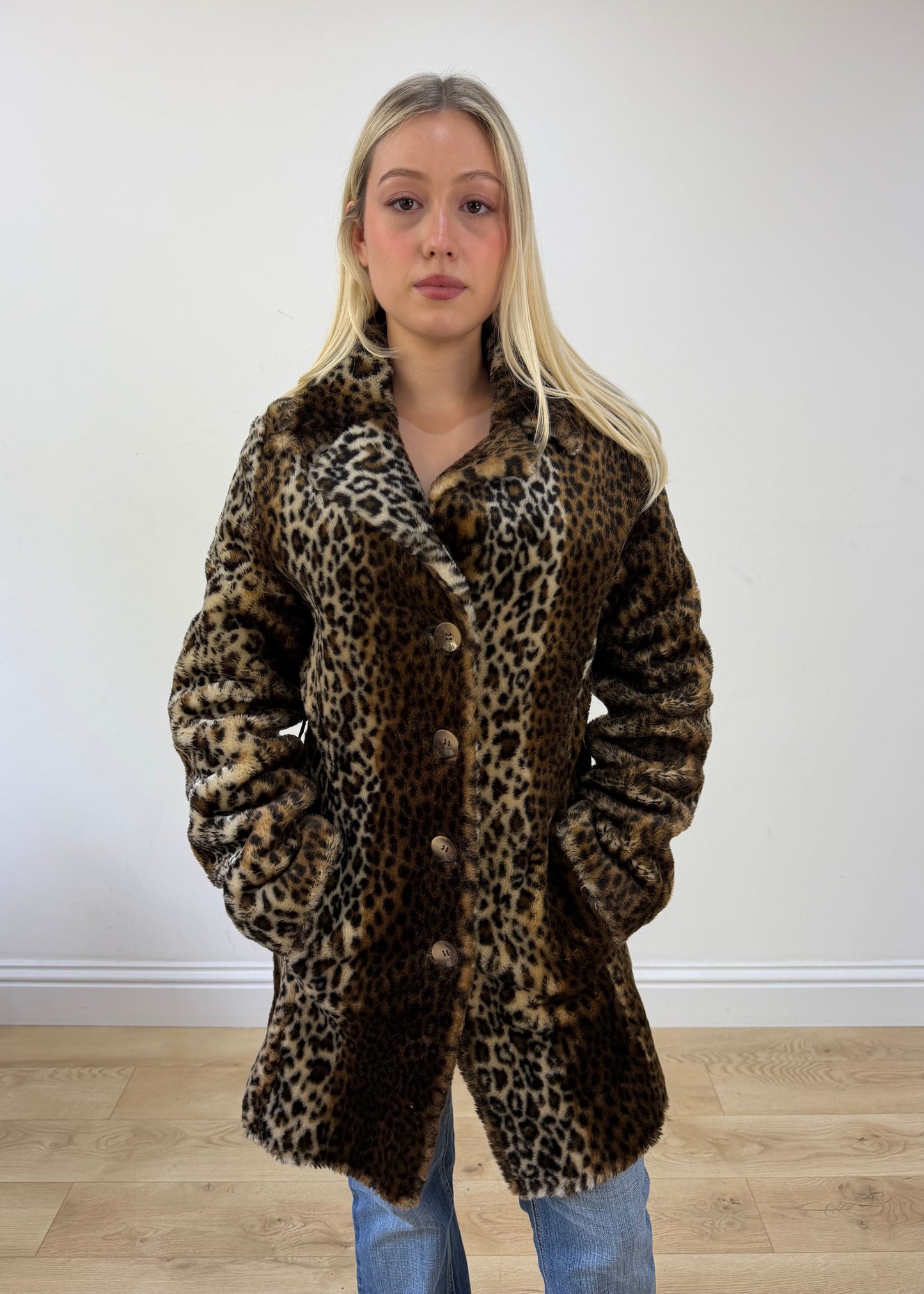 small brown faux fur leopard print coat 3