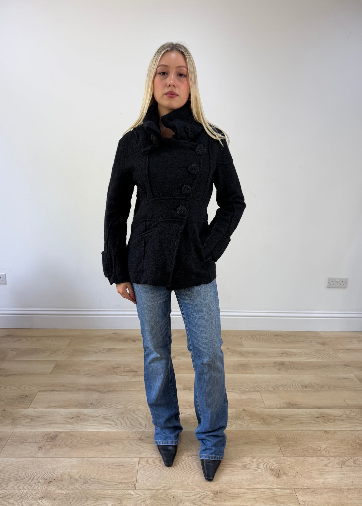 small black fitted jacket with asymmetric buttons 1