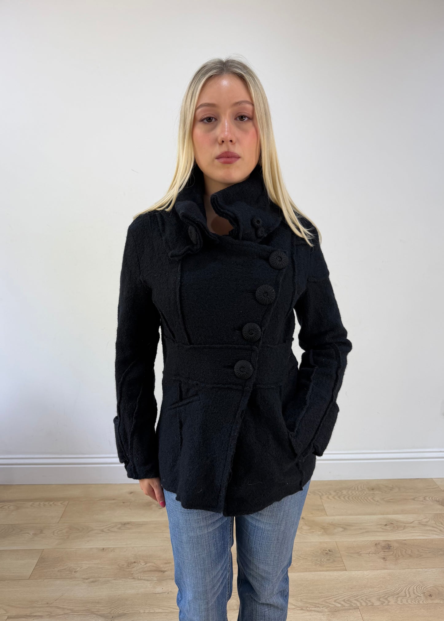 small black fitted jacket with asymmetric buttons 2