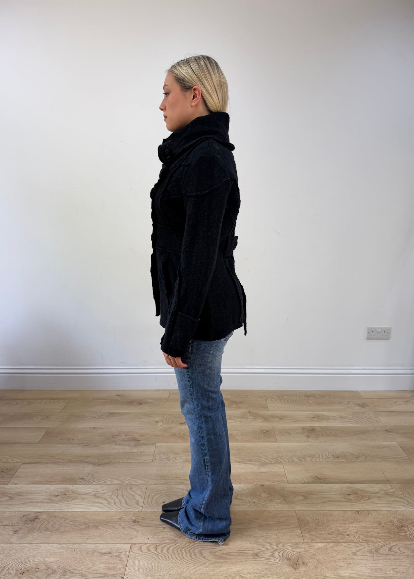 small black fitted jacket with asymmetric buttons 4