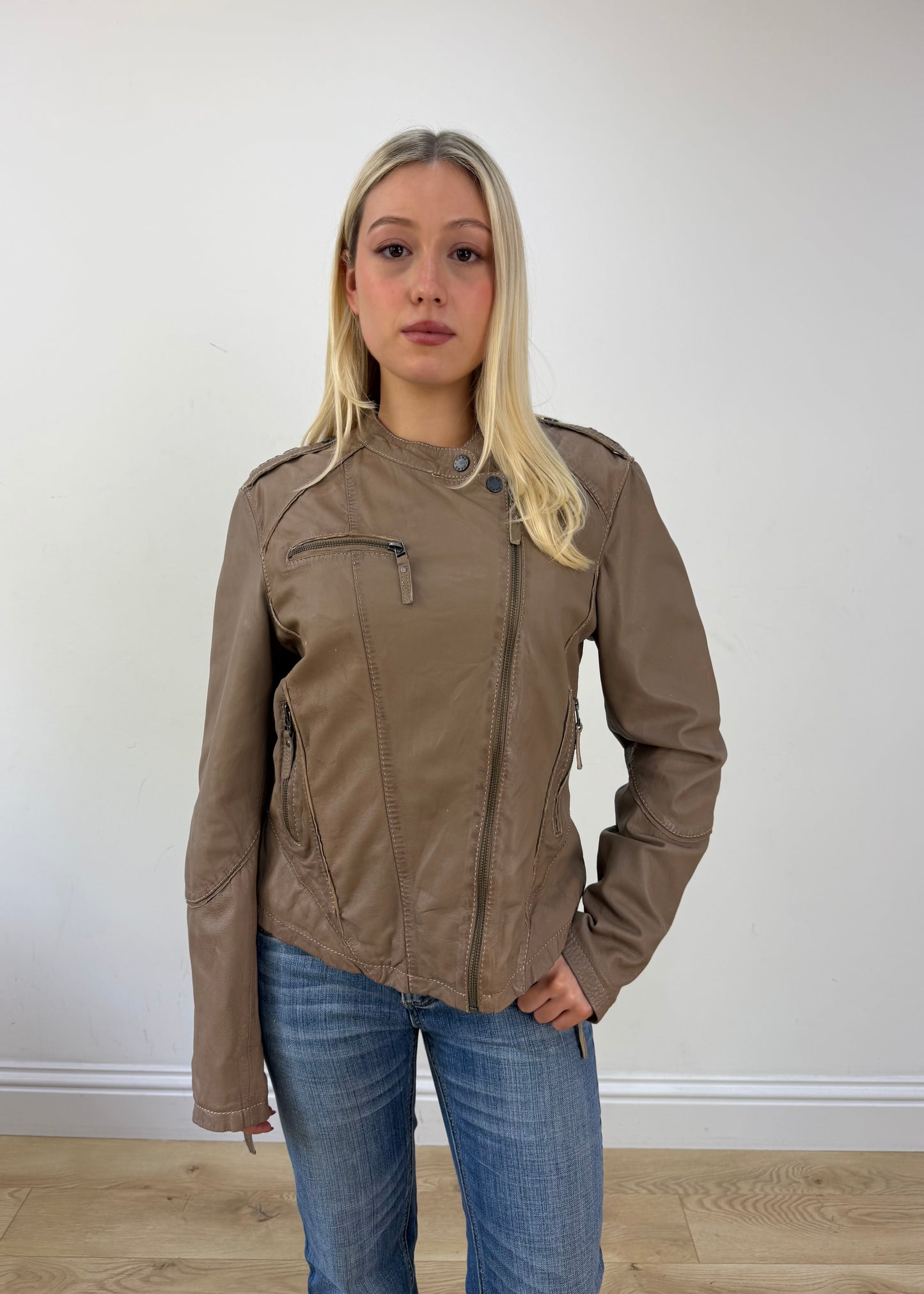 small/medium brown leather asymmetric zip jacket 4