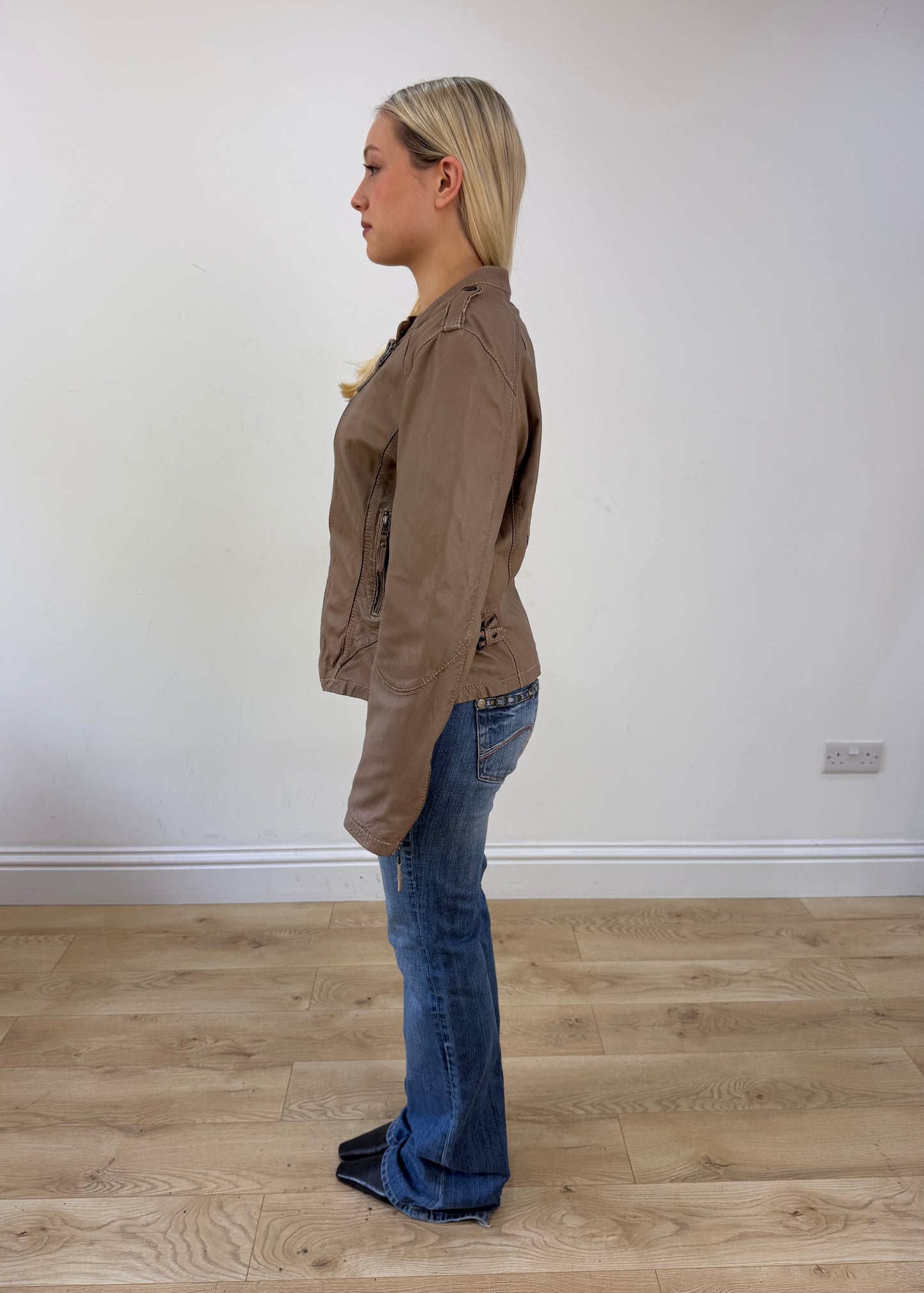 small/medium brown leather asymmetric zip jacket 5