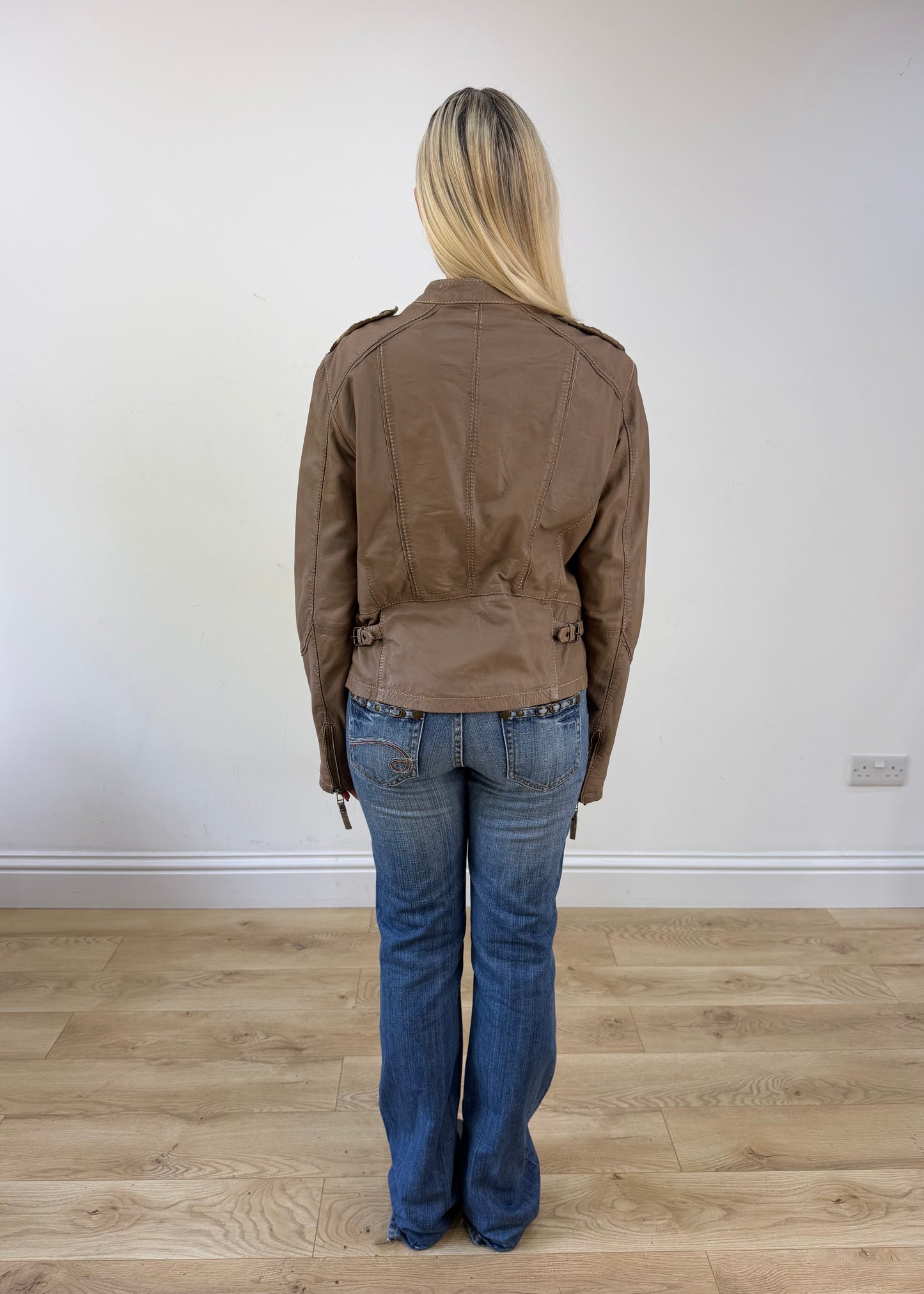 small/medium brown leather asymmetric zip jacket 6