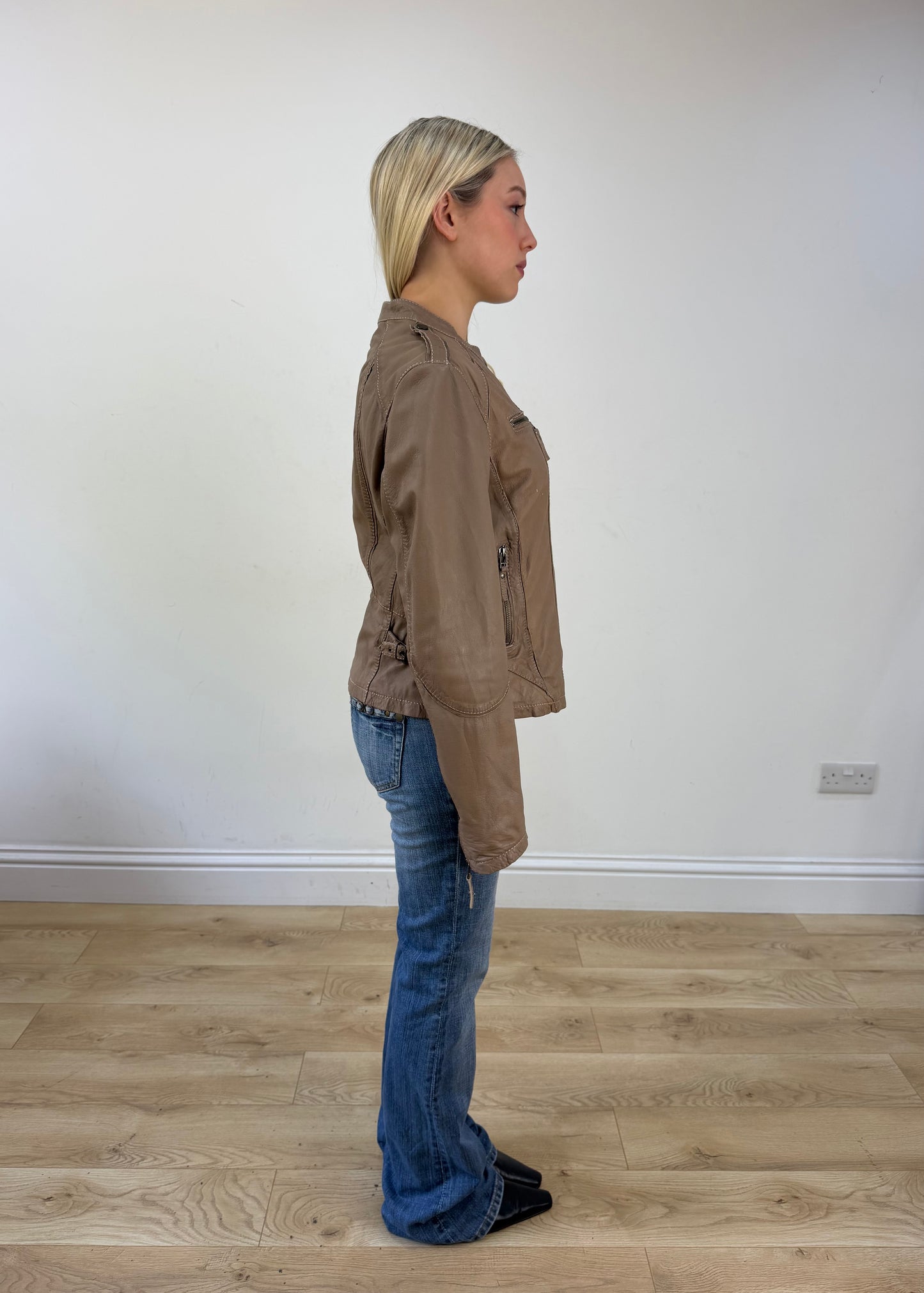 small/medium brown leather asymmetric zip jacket 7