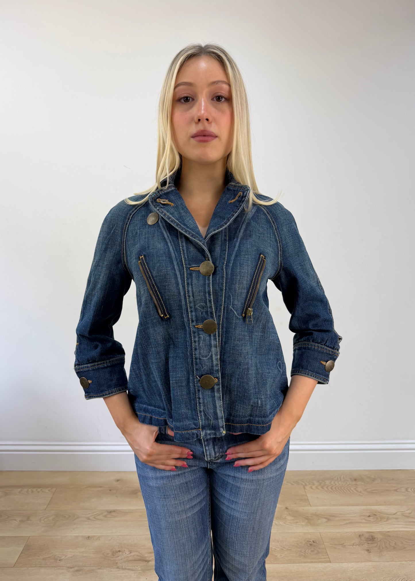 medium blue denim old label bershka pea style coat 2