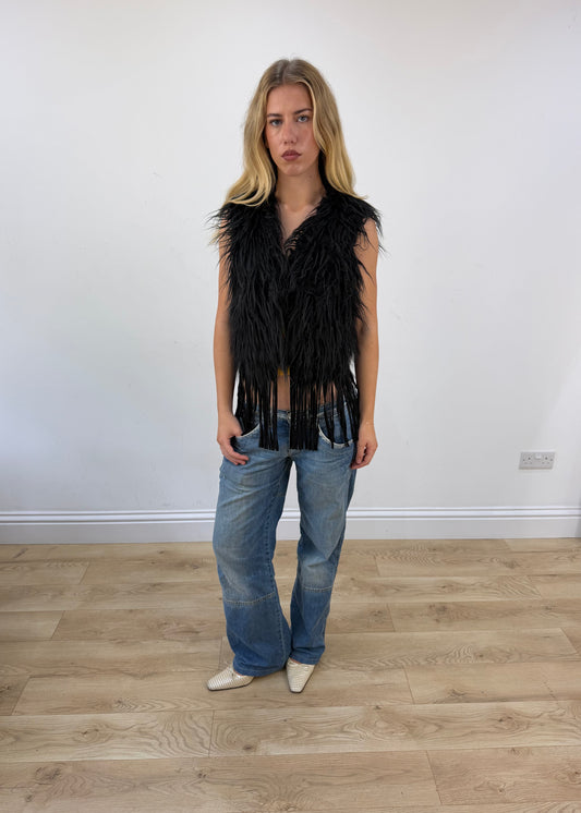 small black staff jeans faux fur fringe gilet image 1