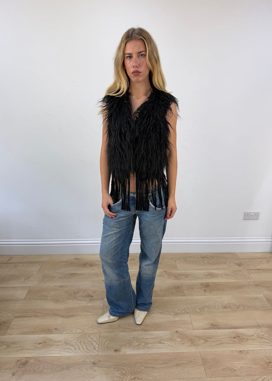 small black staff jeans faux fur fringe gilet image 1