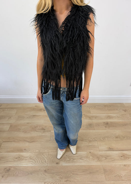 small black staff jeans faux fur fringe gilet image 2