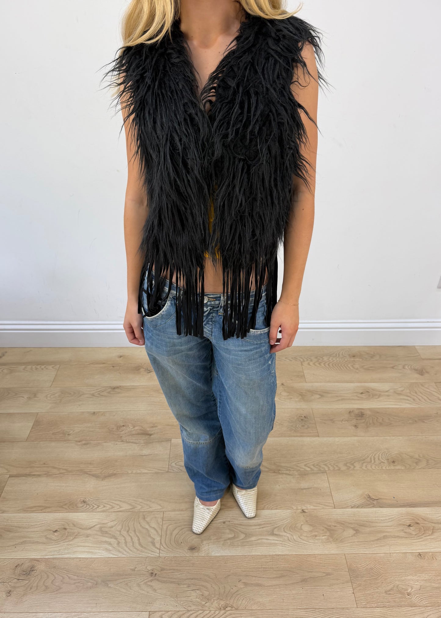 small black staff jeans faux fur fringe gilet image 2