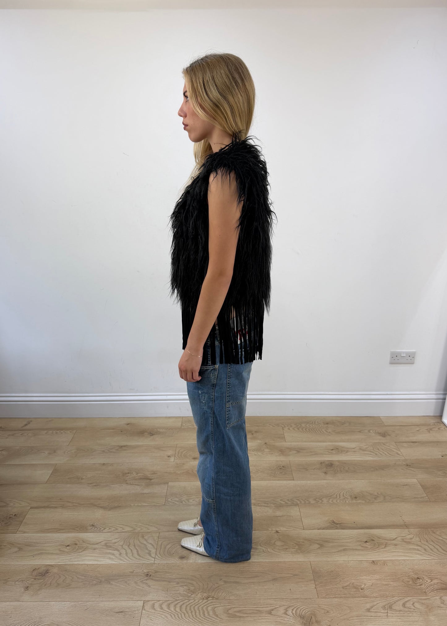 small black staff jeans faux fur fringe gilet image 6