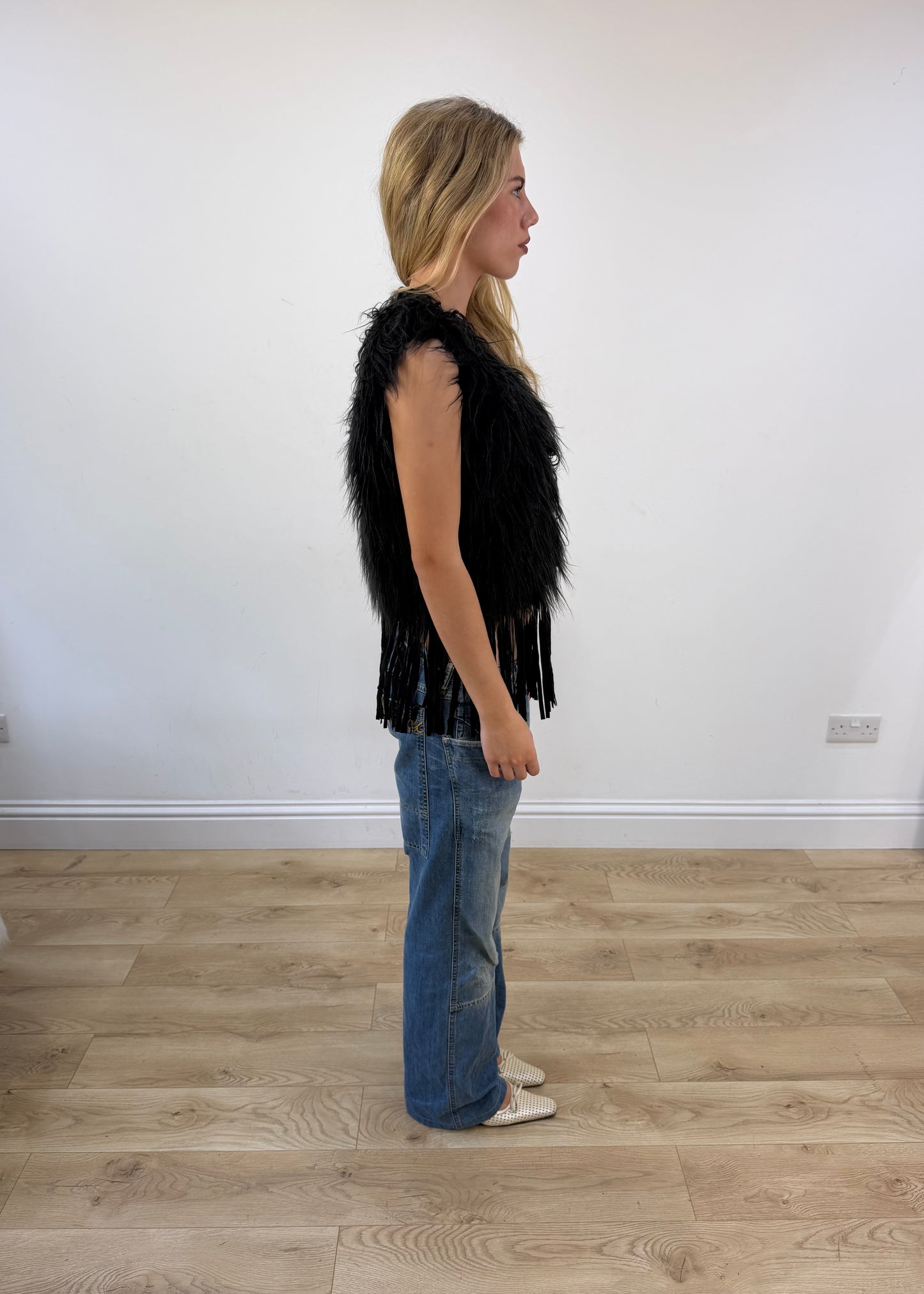 small black staff jeans faux fur fringe gilet image 7