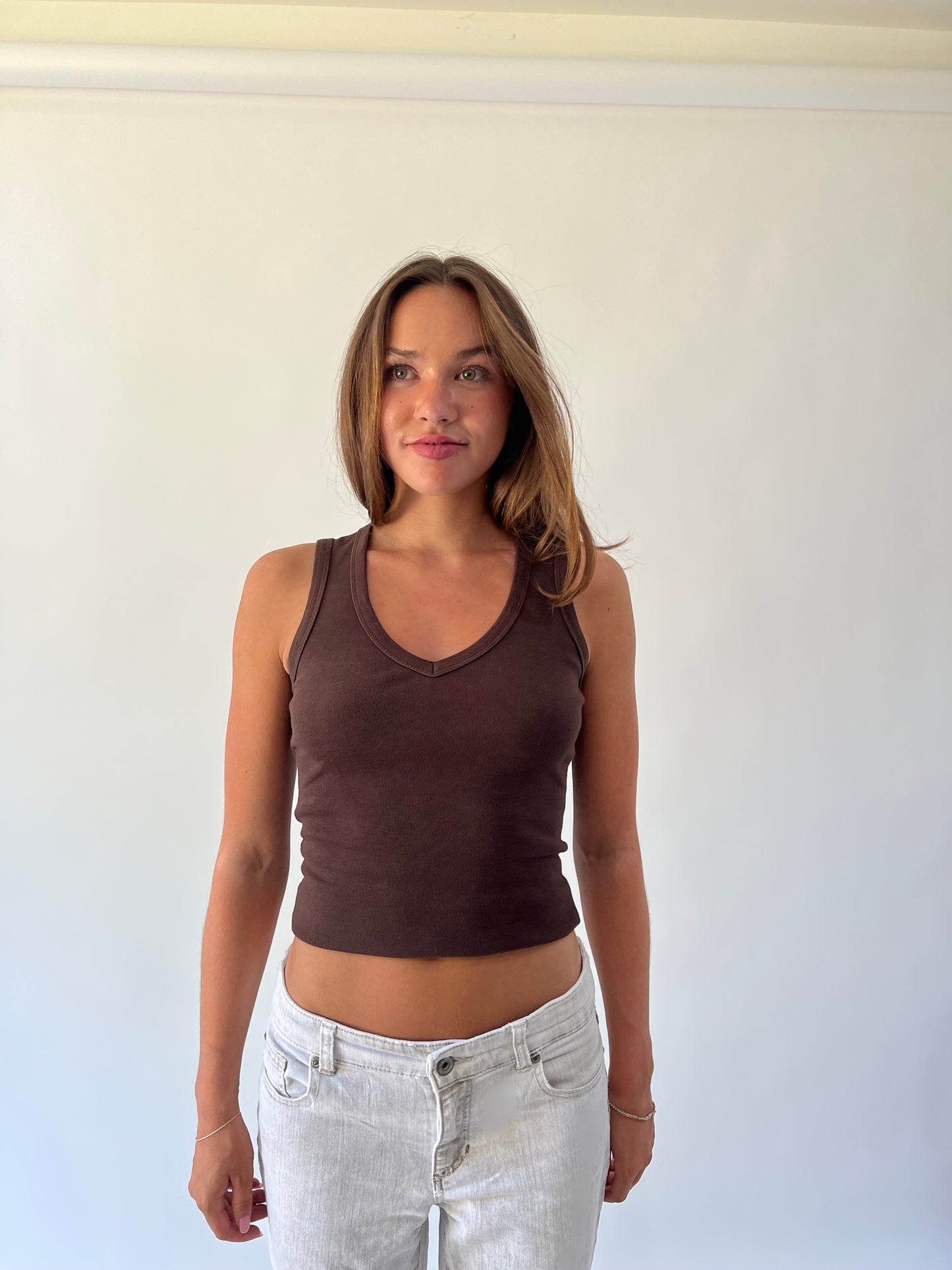 back to school drop brown sleeveless cami top front