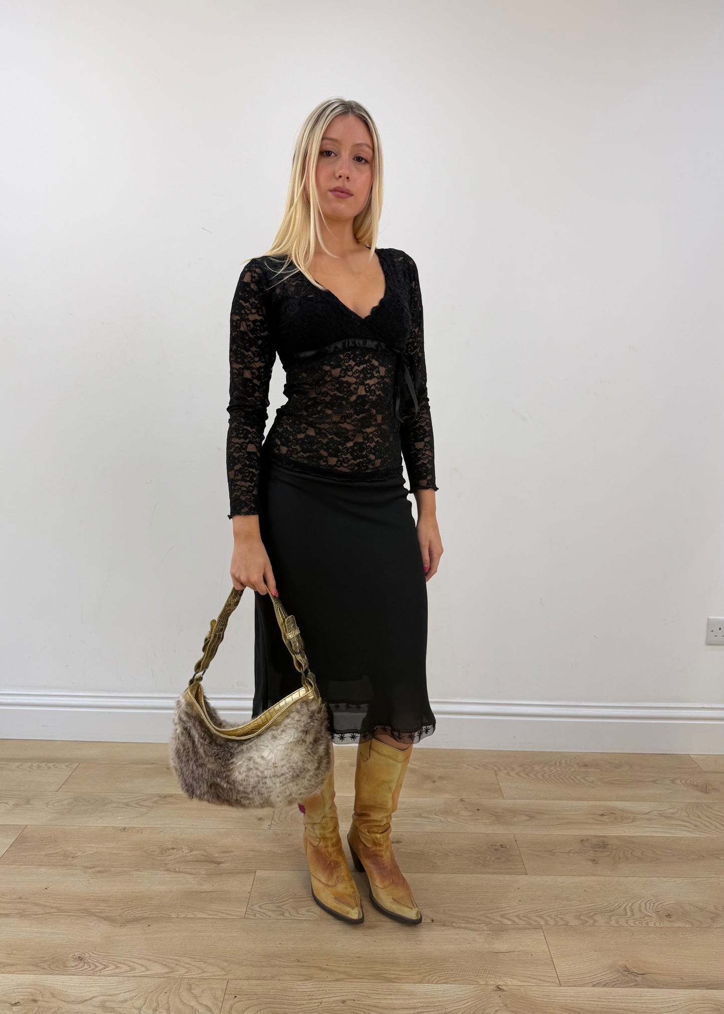 small brown and cream fur shoulder bag with gold strap 1
