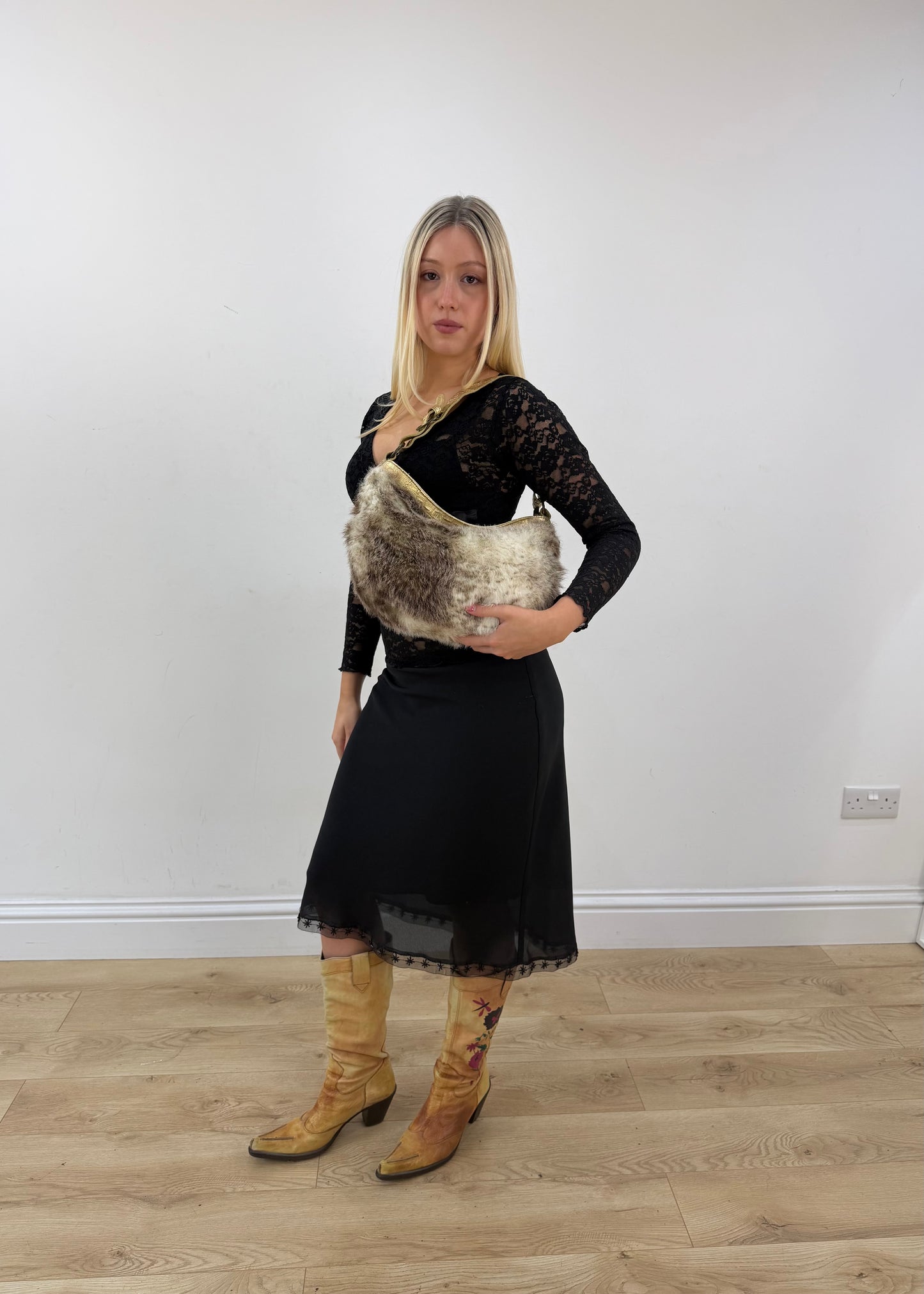small brown and cream fur shoulder bag with gold strap 3