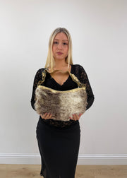 small brown and cream fur shoulder bag with gold strap 4