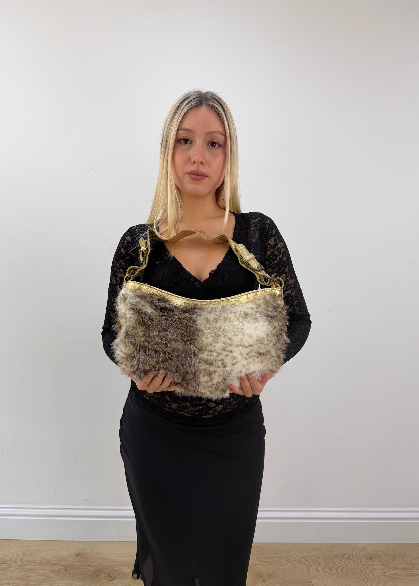 small brown and cream fur shoulder bag with gold strap 4