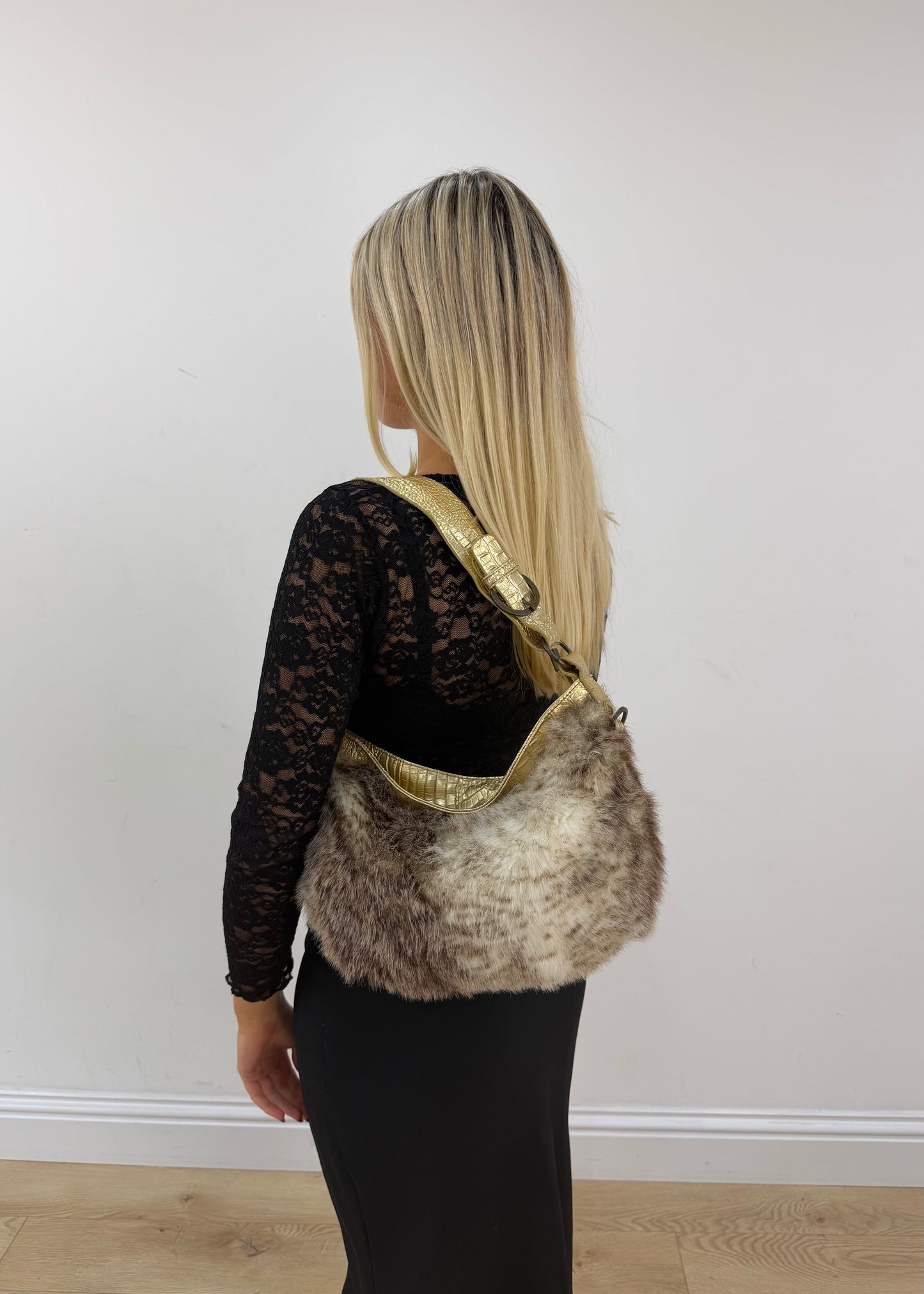 small brown and cream fur shoulder bag with gold strap 5