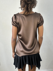 Brown satin short sleeve top, steamed, back view