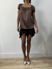 Brown satin short sleeve top, steamed, full front view
