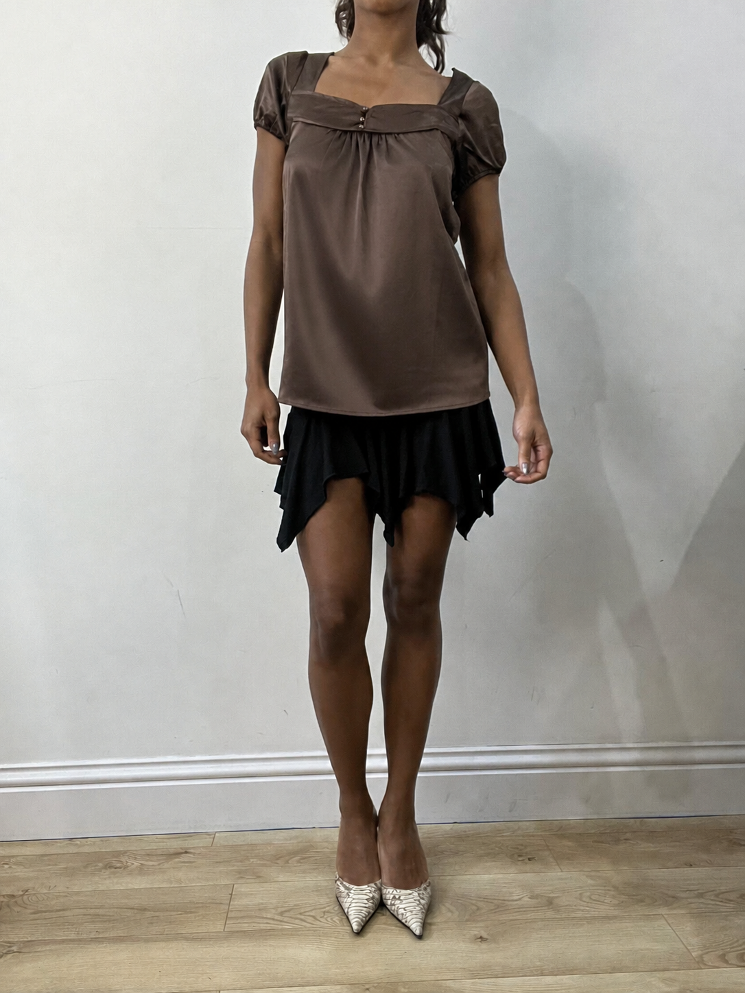 Brown satin short sleeve top, steamed, full front view