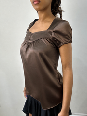 Brown satin short sleeve top, steamed, side view