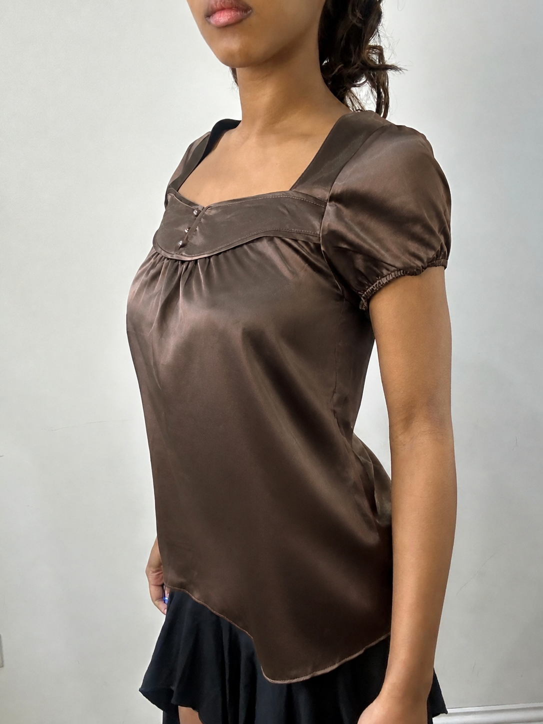 Brown satin short sleeve top, steamed, side view