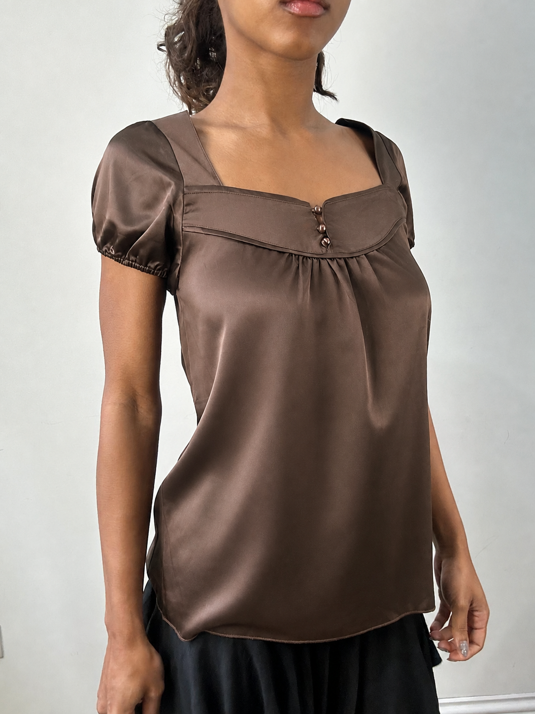 Brown satin short sleeve top, steamed, three-quarter view