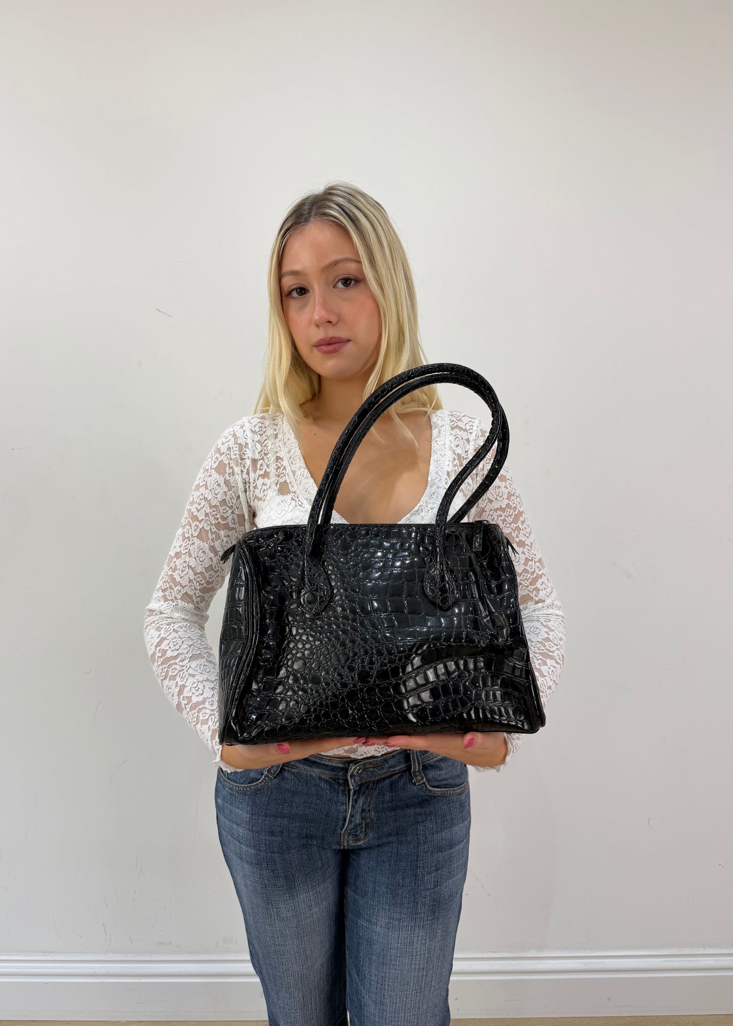 caprisa black shiny croc effect shoulder bag 4